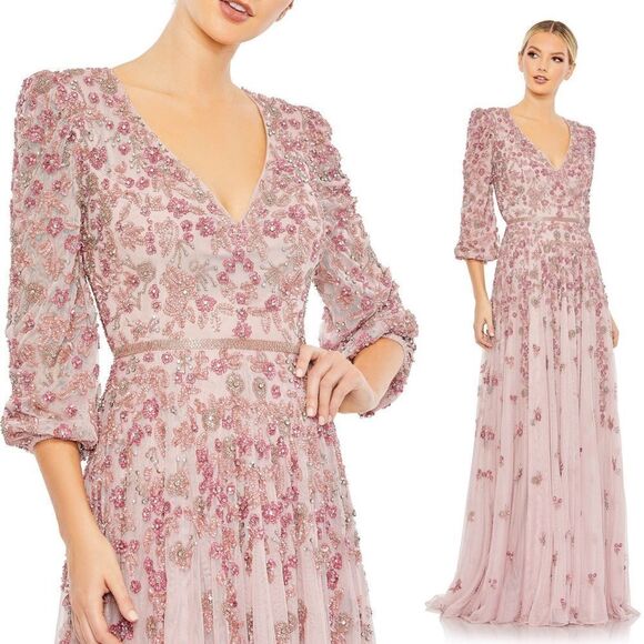 Mac Duggal 5497 Size 14, Floral Beadwork Rose Pink Mesh 3/4 Sleeve Formal Gown - Picture 13 of 13